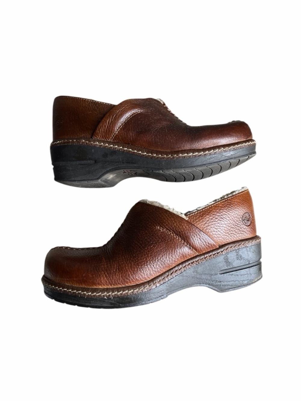 Earth Spirit Women’s 7 Brigitte Brown Leather Clog Shoes Sherpa Lined
